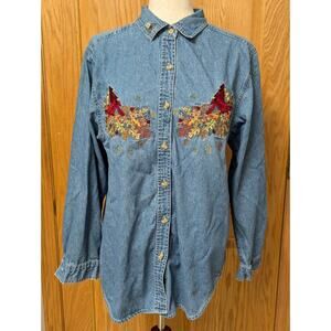 Bobbie Brooks Vintage Denim Embroidered Long Sleeve Button Down Shirt Medium